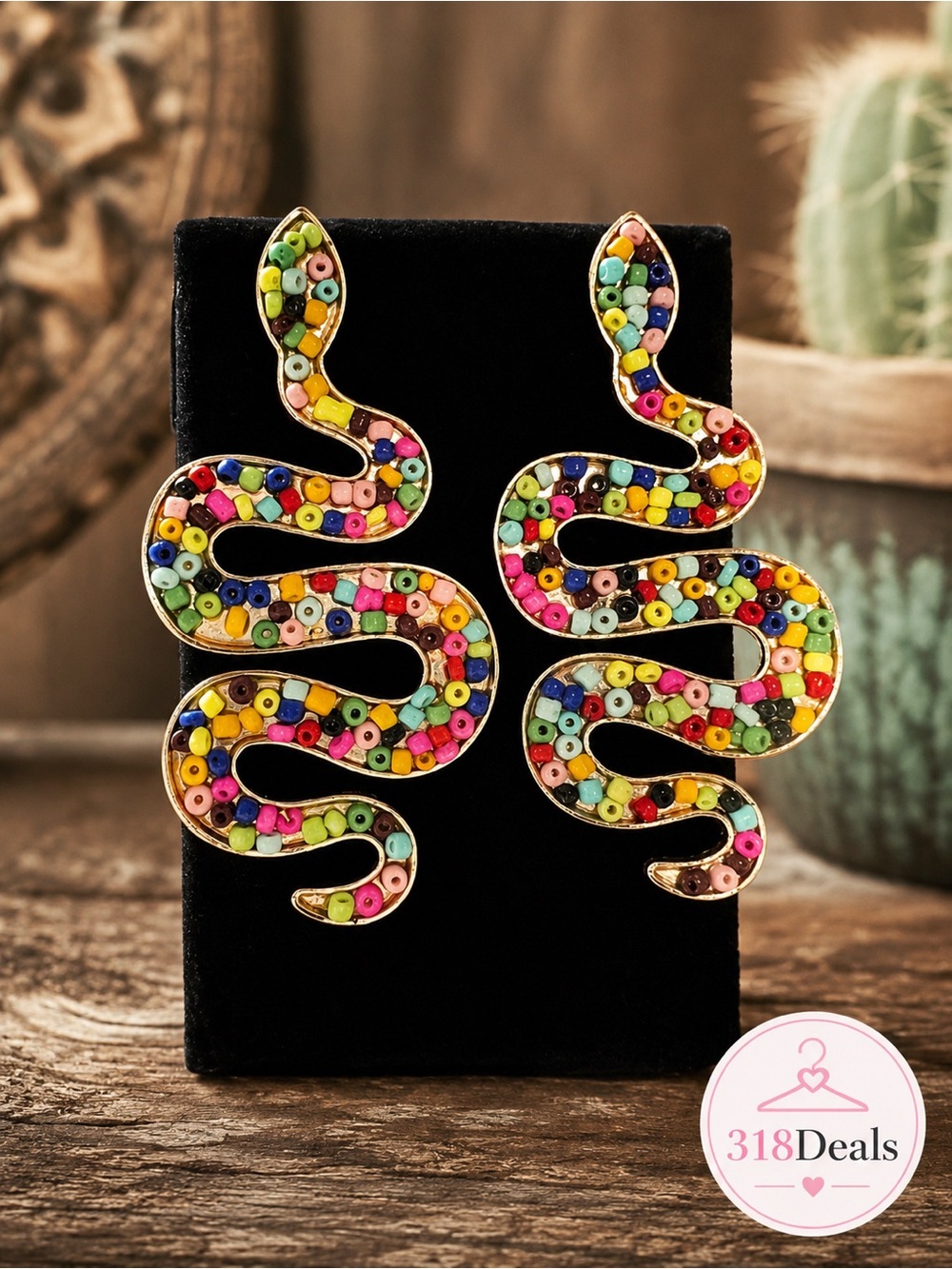 318Deals Multicolor Beaded Snake Drop Earrings - Gold Tone